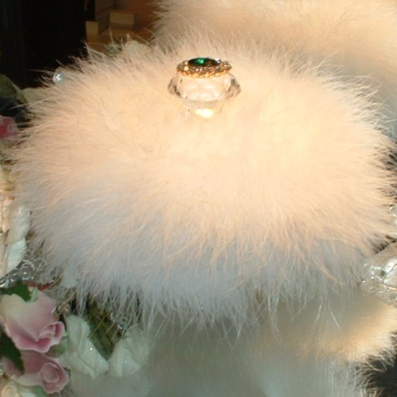 Old Hollywood Glam Down Feather Trimmed Puff with Emerald Rhinestone Handle - Picture 1 of 2